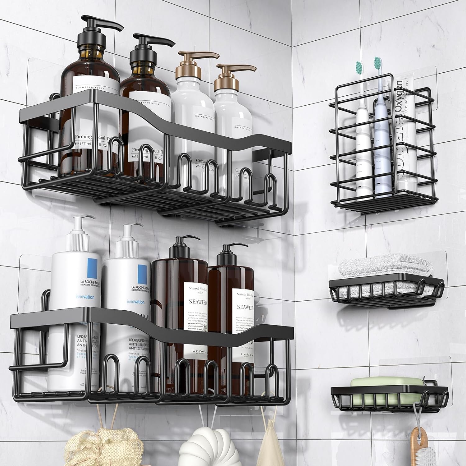 Black Adhesive Shower Caddy Set